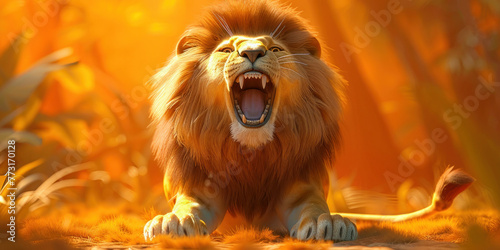 Majestic lion roaring powerfully under the sun with mouth wide open in fierce display