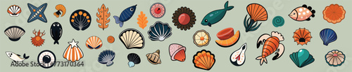 Collection of minimalistic shellfish sea sticker