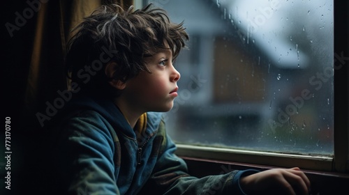 Boy sitting by the window, looking into the distance.