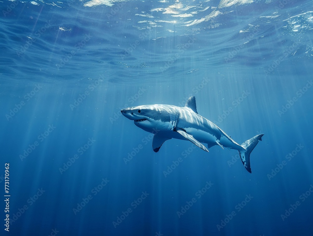 A graceful great white shark swimming through the ocean depths small A graceful great white shark swimming through the ocean depths small