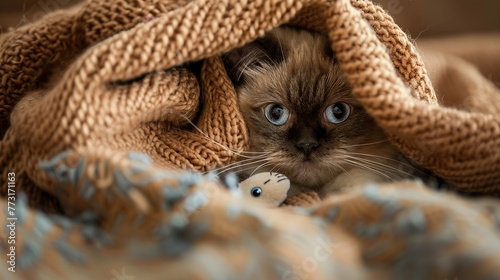 A grumpy cat hides under a blanket, refusing to share its favorite toy mouse small