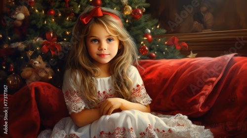 Adorable Andorra girl sitting on sofa by christmas tree at home. © Dennis
