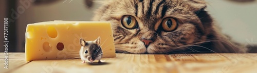 A grumpy cat stares suspiciously at a tiny mouse hiding behind a cheese wedge cute photo