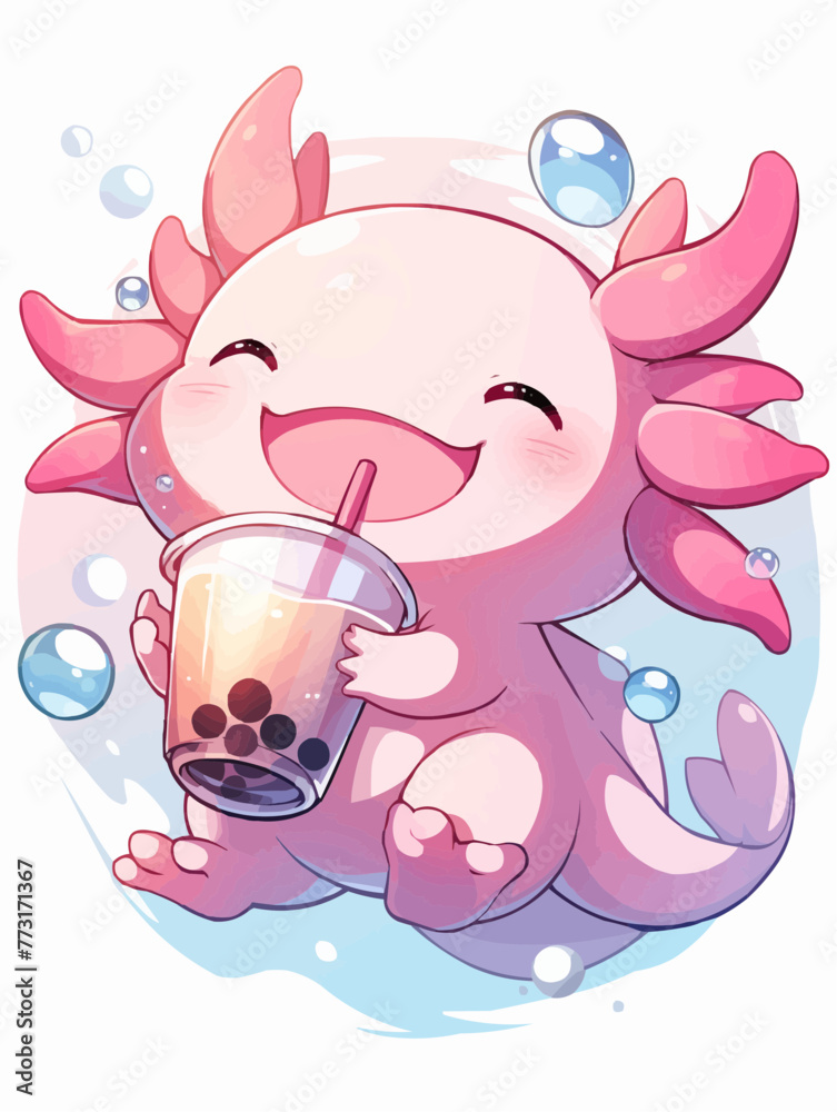 Kawaii illustrated Axolotl drinking Boba Tea Bubble Tea / Japanese Neko ...