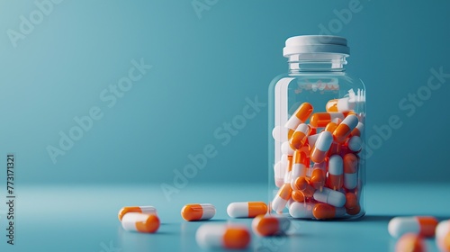 Orange white capsule from a plastic medicine bottle isolated on a blue background. 3d rendering with copy space photo