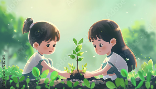 Illustration of two kids planting a small tree in nature for the environment. Arbor day