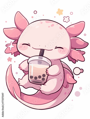 Kawaii illustrated Axolotl drinking Boba Tea Bubble Tea / Japanese Neko Anime Illustration of a cute Pet loving Boba Tea