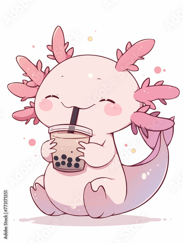 Kawaii illustrated Axolotl drinking Boba Tea Bubble Tea / Japanese Neko Anime Illustration of a cute Pet loving Boba Tea