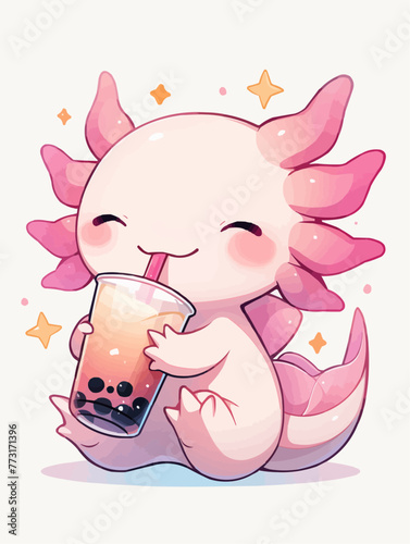 Kawaii illustrated Axolotl drinking Boba Tea Bubble Tea / Japanese Neko Anime Illustration of a cute Pet loving Boba Tea