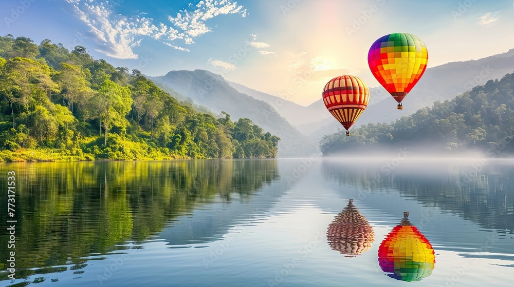 The reflection of hot air balloons on a calm, glassy lake surface.