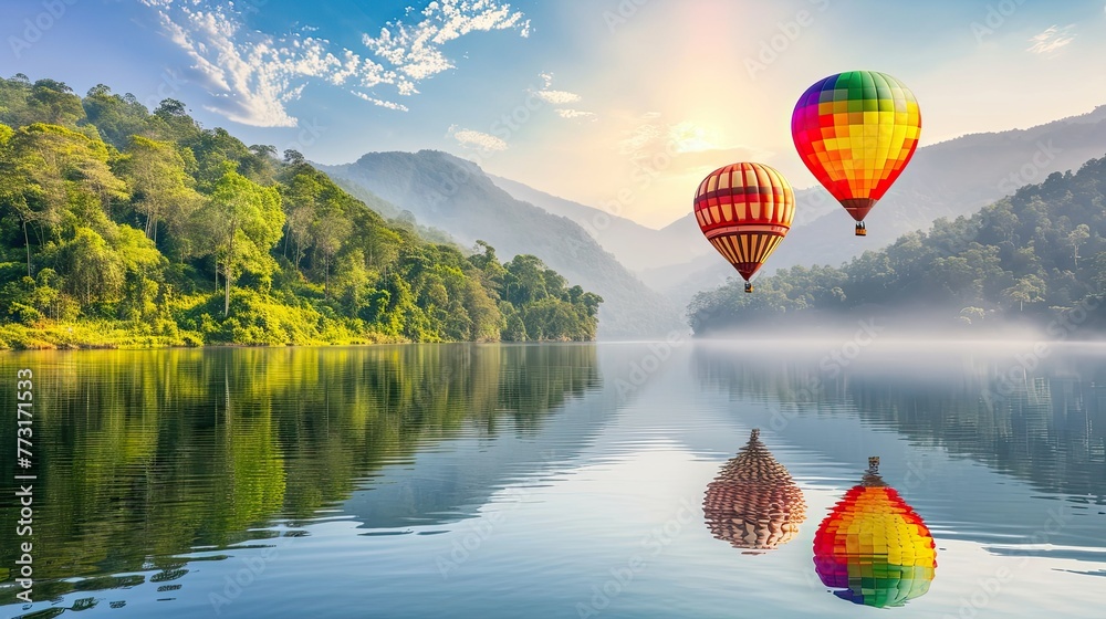 Fototapeta premium The reflection of hot air balloons on a calm, glassy lake surface.