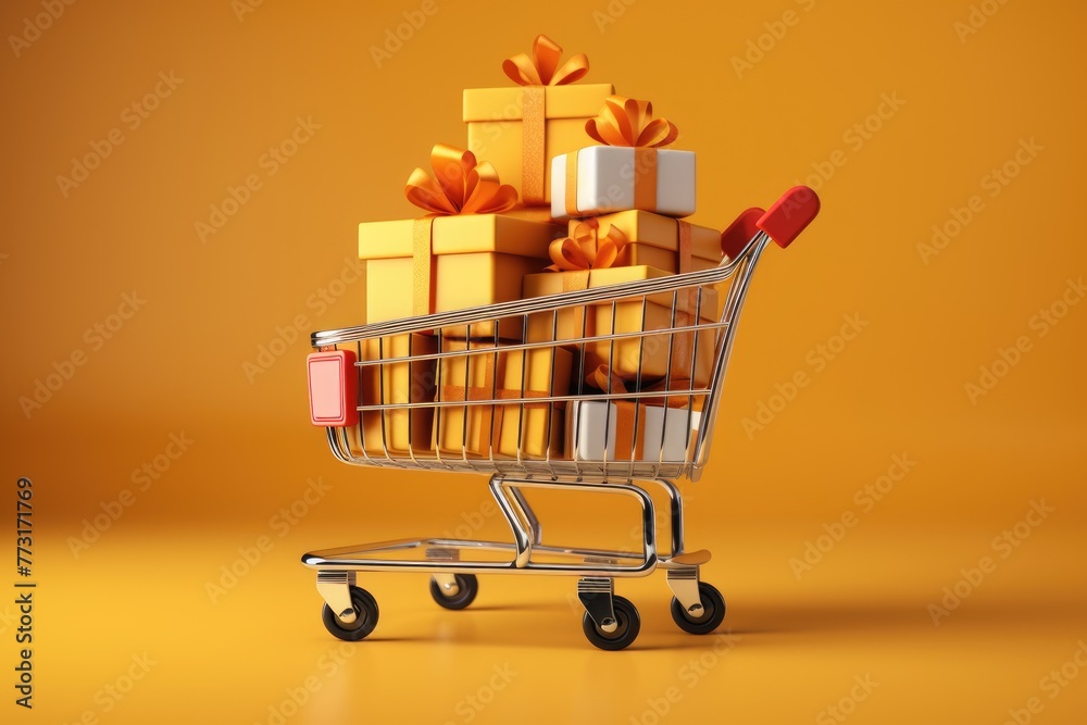 Shopping cart overflowing with wrapped gift boxes with yellow color background, Shopping cart overflowing with wrapped gift boxes with one color background, Ai generated
