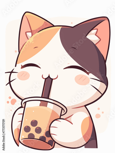 Kawaii illustrated Cat drinking Boba Tea Bubble Tea / Japanese Neko Anime Illustration of a cute Pet loving Boba Tea