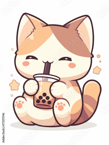 Kawaii illustrated Cat drinking Boba Tea Bubble Tea / Japanese Neko Anime Illustration of a cute Pet loving Boba Tea