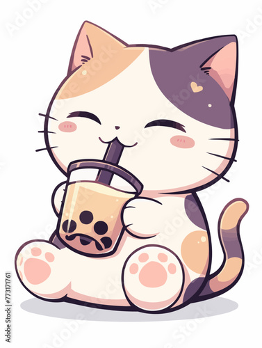 Kawaii illustrated Cat drinking Boba Tea Bubble Tea / Japanese Neko Anime Illustration of a cute Pet loving Boba Tea