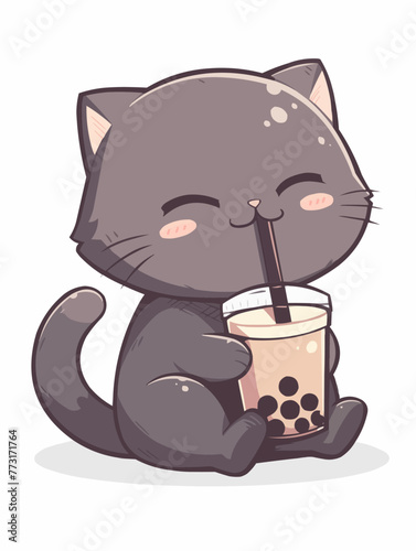 Kawaii illustrated Cat drinking Boba Tea Bubble Tea / Japanese Neko Anime Illustration of a cute Pet loving Boba Tea