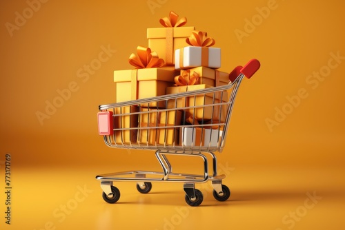 Shopping cart overflowing with wrapped gift boxes with yellow color background, Shopping cart overflowing with wrapped gift boxes with one color background, Ai generated