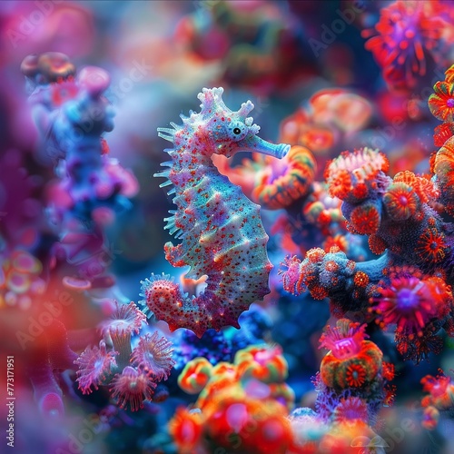 A tiny seahorse clings to a colorful coral reef, blending in with the vibrant patterns vibrant colo