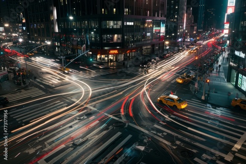 A city street filled with lots of traffic at night, with cars creating streaks of light as they move through the intersection © Ilia Nesolenyi