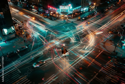 A city street bustling with traffic at night, with streams of cars creating streaks of light as they move through the intersection © Ilia Nesolenyi