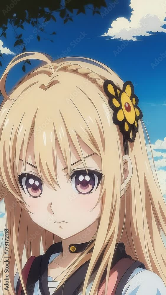 a close up portrait of a cute blonde anime girl with blue eyes, to ...