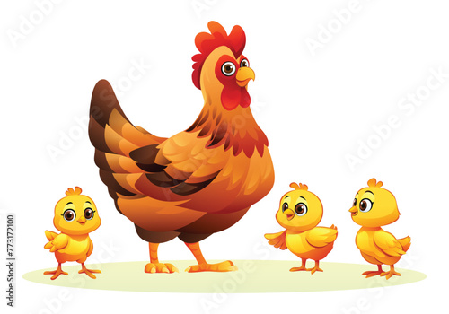 Mother hen with her baby chicks. Vector cartoon illustration © YG Studio