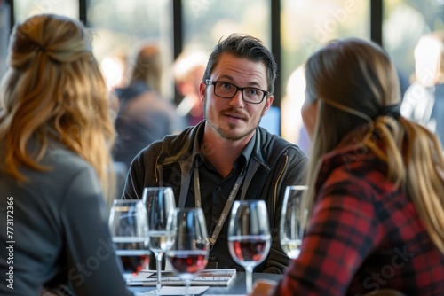 A man is seated at a high table surrounded by wine glasses, engaged in a conversation with a small group of professionals