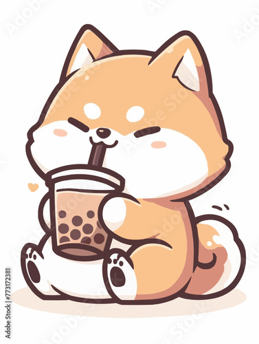 Kawaii illustrated Dog Shiba Inu Akita drinking Boba Tea Bubble Tea / Japanese Neko Anime Illustration of a cute Pet loving Boba Tea