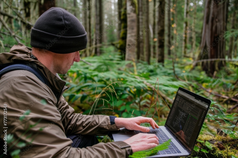 A man is sitting in the woods, utilizing a laptop computer for climate change monitoring and analysis