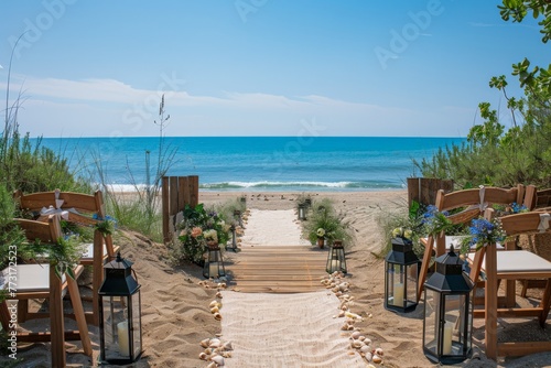 Idyllic Beach Wedding Setting with Chairs  Wooden Aisle and Sea View Under Clear Blue Sky