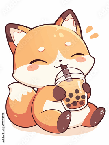 Kawaii illustrated Fox drinking Boba Tea Bubble Tea / Japanese Neko Anime Illustration of a cute Pet loving Boba Tea