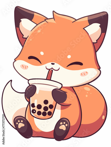 Kawaii illustrated Fox drinking Boba Tea Bubble Tea / Japanese Neko Anime Illustration of a cute Pet loving Boba Tea