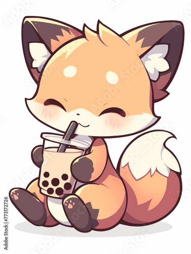 Kawaii illustrated Fox drinking Boba Tea Bubble Tea / Japanese Neko Anime Illustration of a cute Pet loving Boba Tea