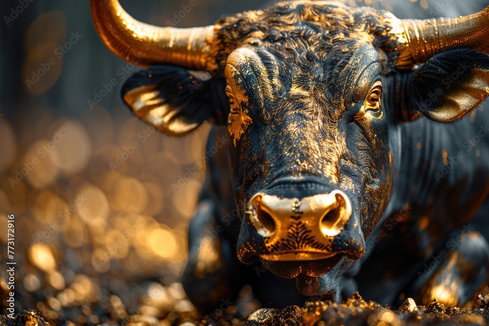Bull made of gold, bull market concept, crypto and finance Bull made of gold, bull market concept, crypto and finance