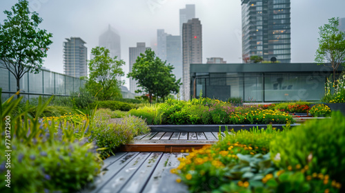 Green Roof Building Surrounded by Colorful Urban Plant Beds © Paula