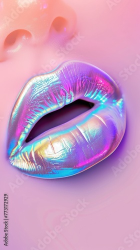Neon iridescent lips, sensual mouth, illustration made with generative AI 