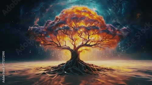 夢の中の神秘的な風景で、そびえ立つクリスタルの木　Generative AI photo