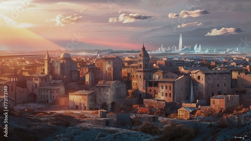 Un superbe rendu 3D d'une ville médiévale au coucher du soleil. Au loin, un paysage urbain futuriste émerge  photo