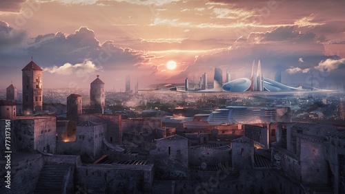 Un superbe rendu 3D d'une ville médiévale au coucher du soleil. Au loin, un paysage urbain futuriste émerge 