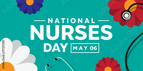 National Nurses Day. Flower and stestoscope. Great for cards, banners, posters, social media and more. Easy blue background.   photo