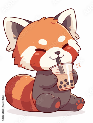 Kawaii illustrated Red Panda Bear drinking Boba Tea Bubble Tea / Japanese Neko Anime Illustration of a cute Pet loving Boba Tea