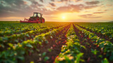 Cultivating Farmland: Tractor on Field with Setting Sun Horizon