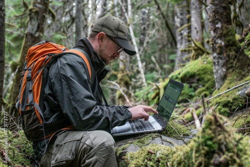 A man is sitting on a rock in the forest, using a laptop computer to conduct environmental assessments