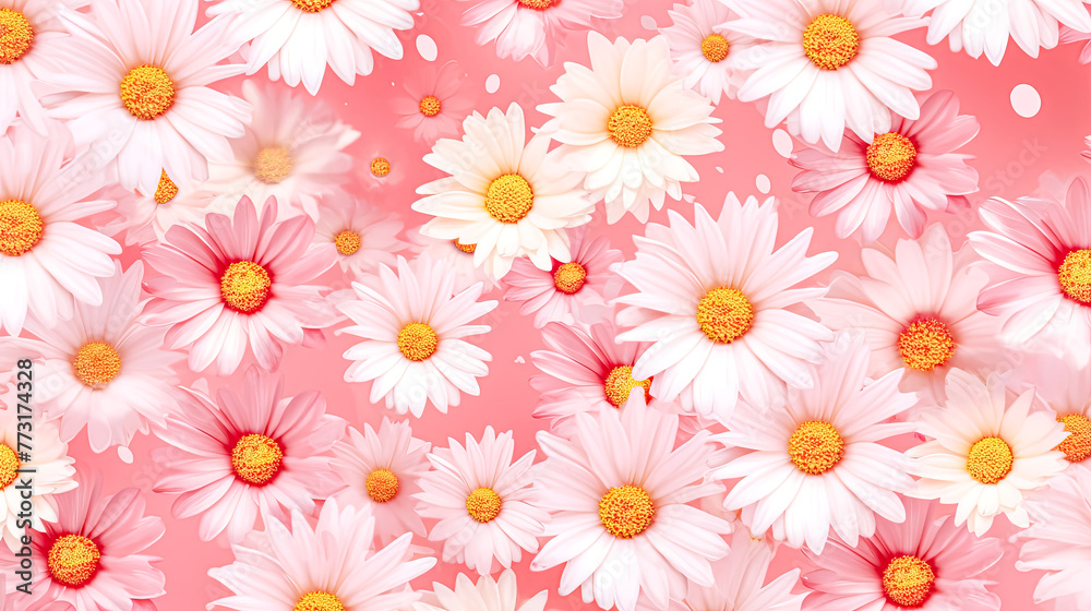 A field of white daisies with a pinkish hue. A field of white daisies with a pinkish hue.