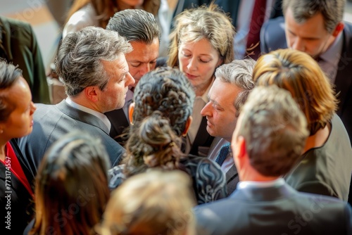 A group of professionals standing closely together in an informal huddle, engaged in discussion or collaboration © Ilia Nesolenyi