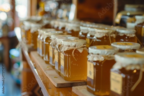 A variety of jars filled with honey displayed neatly on a wooden table, showcasing local produce from various producers