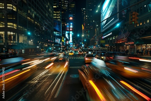 A city street engulfed in heavy traffic at night, with cars zooming through an intersection, illuminated by their headlights
