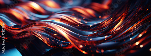 close-up view of a dynamic and abstract design featuring flowing ribbons with a glossy finish, intertwined in an elegant display of cool blue and warm orange colors reflecting light
