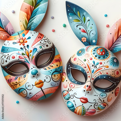 Photo real for Capturing the whimsical charm of hand-painted watercolor Easter masks Close-up shots highlighting the playful designs and festive colors of handmade watercolor Easter masks in easter da
