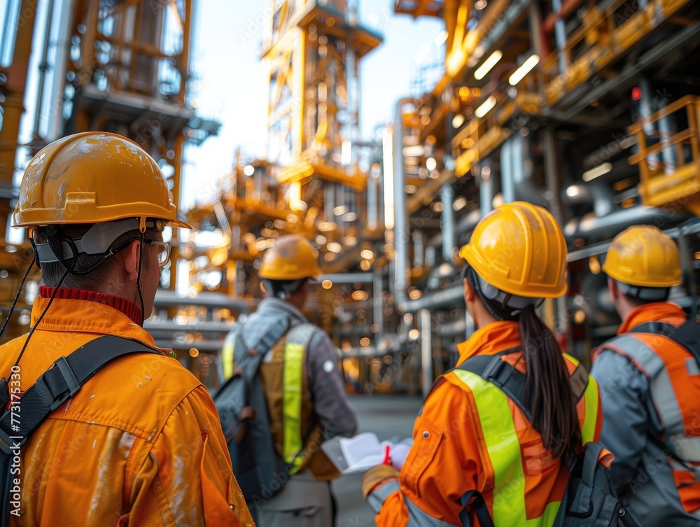 A group of workers gathers for a team briefing in front of the oil derrick, discussing safety protocols, production targets A group of workers gathers for a team briefing in front of the oil derrick, discussing safety protocols, production targets